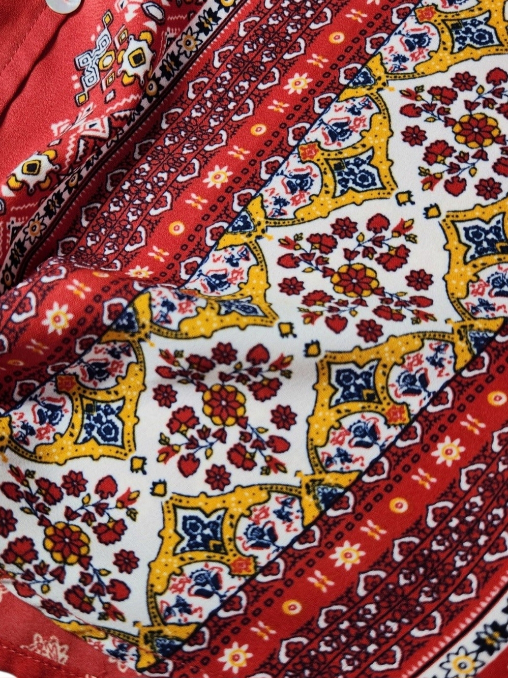 West Kei Women’s L Red Boho Mixed Print Tie Front Blouse 3/4 Sleeve Flowy Fall - Picture 8 of 12